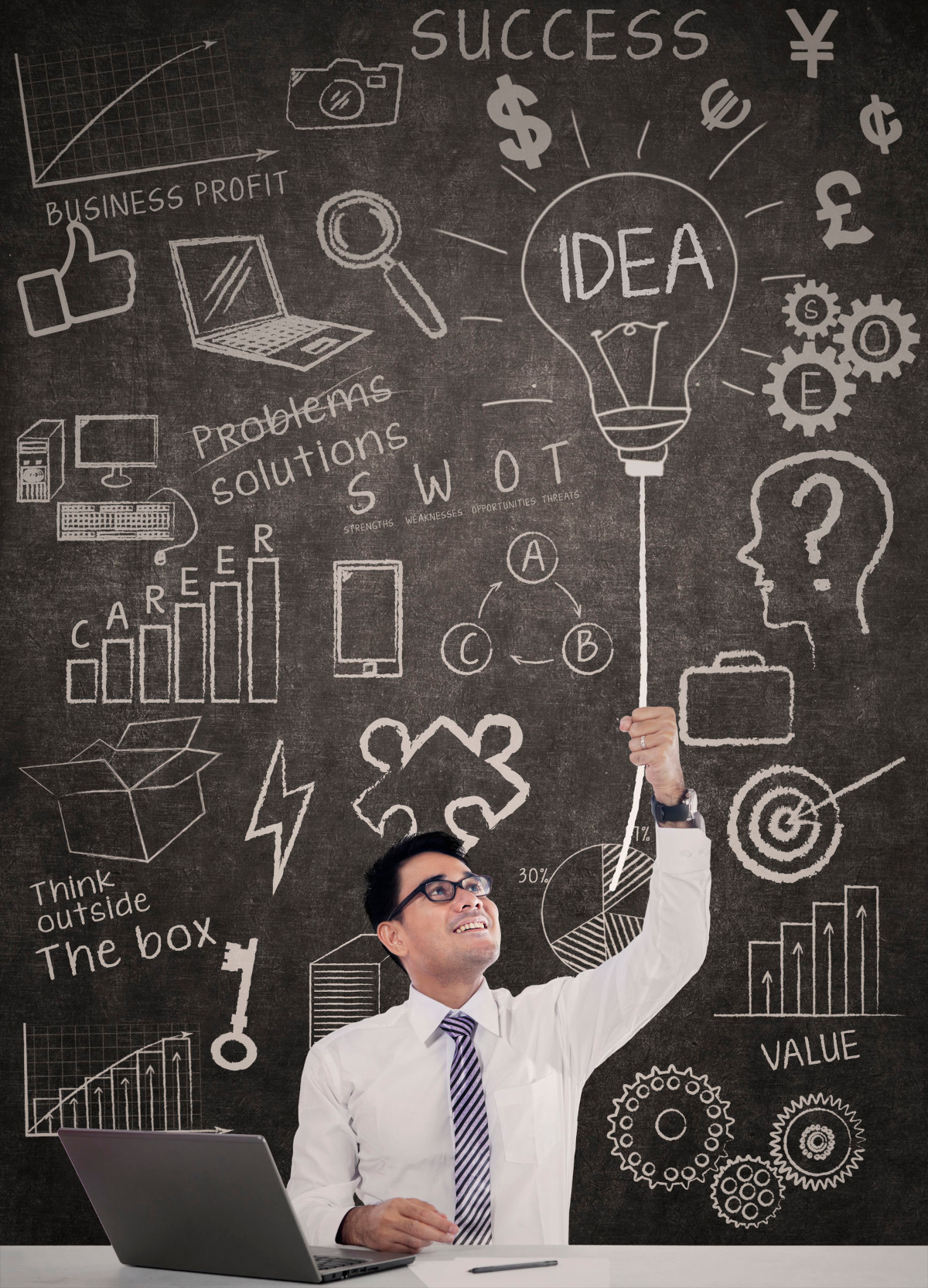 Businessman in Glasses Holding an Illustration of a Balloon That Is a Lightbulb with the Word Idea on It